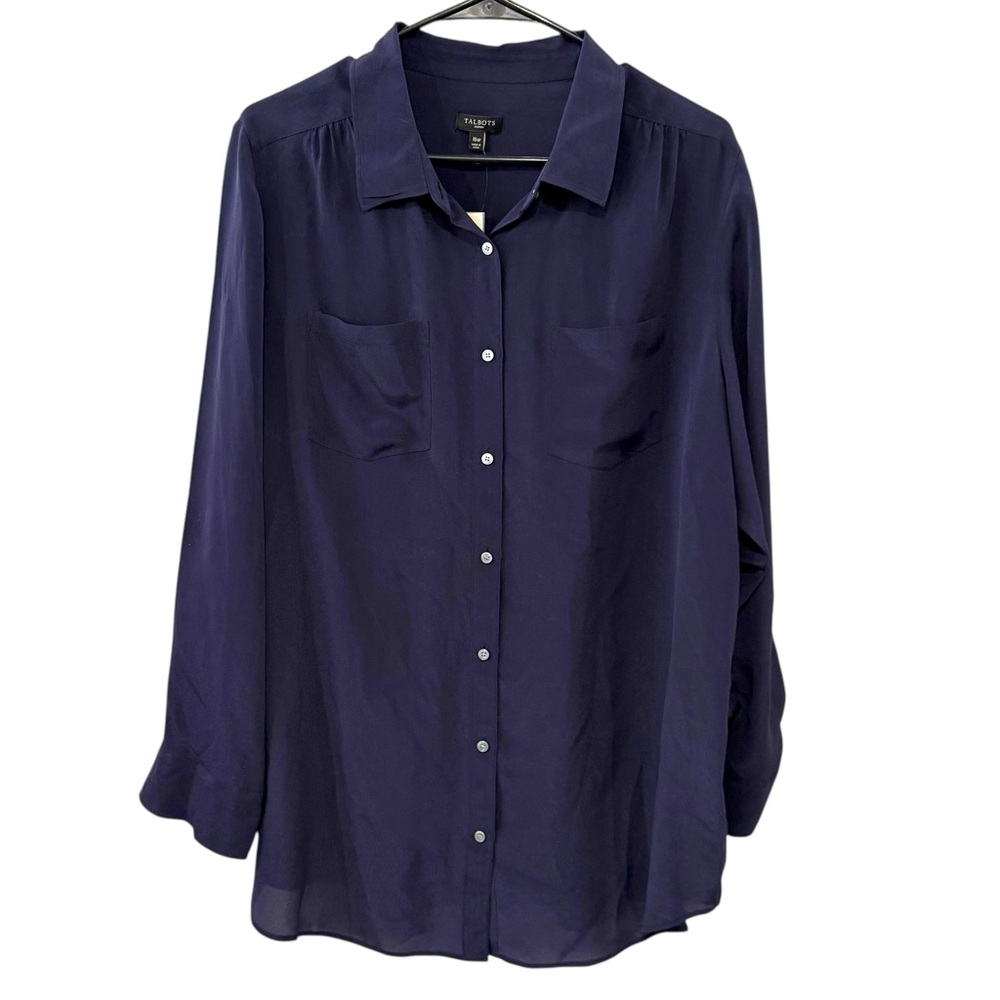 NWT Talbots Woman 16W Navy Blue Silk Button Down Blouse Washable Long Sleeve